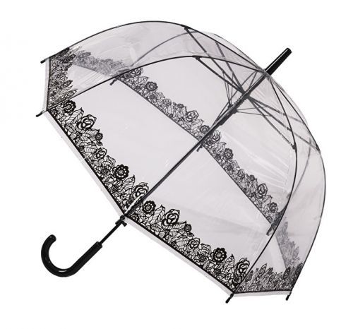 Blooming Brollies Dámský průhledný holový deštník Clear Dome Stick with Black Lace Effect POESLACE