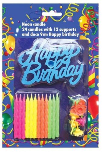 Svíčky na dort 24ks neonové s nápisem Happy Birthday - Alvarak