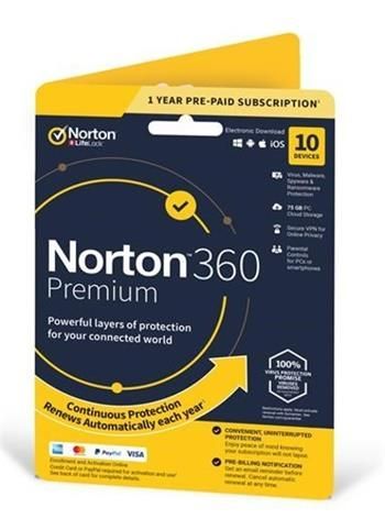 Norton 360 Premium 75GB, 1 uživatel pro 10 zařízení na 12 měsíců, el.licence
