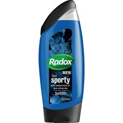 Radox Feel Sporty, pánský sprchový gel a šampon pro pocit posílení, máta vodní a mořské minerály, 250 ml