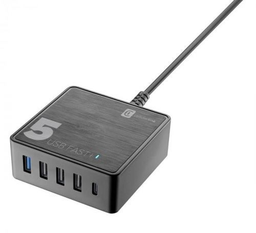 Síťová nabíječka Cellularline Multipower 5 Fast+, 4xUSB + USB-C port, 60W, černá