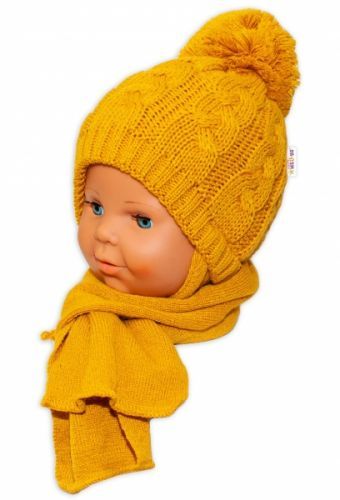 Baby Nellys BABY NELLYS Zimní pletená čepička s šálou Baby Bear - hořčicová s bambulkou 34/36 čepičky obvod