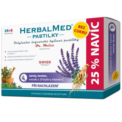 HerbalMed pastilky Dr.Weiss BEZ CUKRU Šalvěj, ženšen + vitamín C 24+6