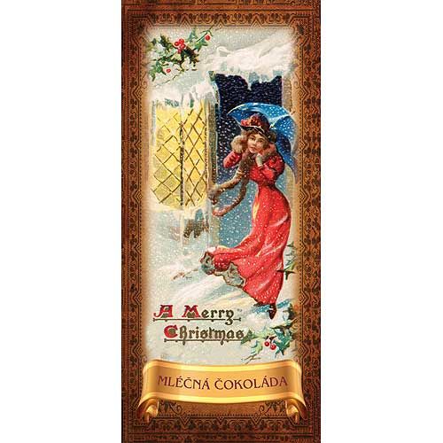 Vánoční čokoláda 10 g – Veselé Vánoce – paní s deštníkem