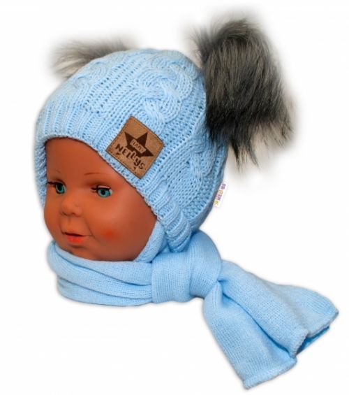 Baby Nellys BABY NELLYS Zimní čepička s šálou - chlupáčkové bambulky - modrá, šedé bambulky 6/18měsíců