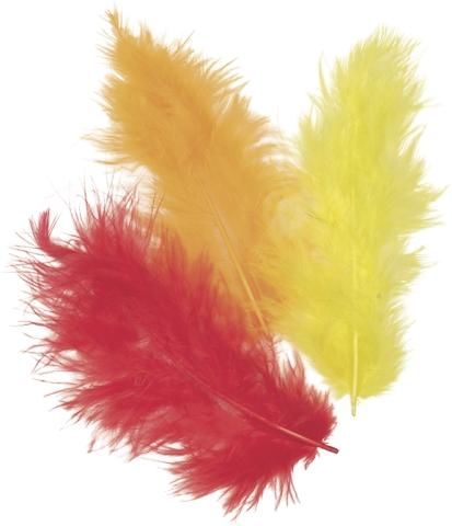 Dekorativní peříčka Marabu mix - červená, žlutá, oranžová 15 ks / 10 cm