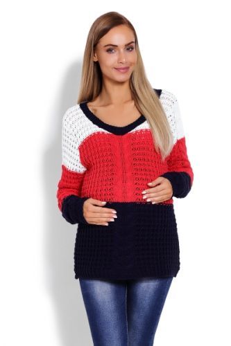 Těhotenský proužkovaný svetřík - červená/granát, vzor: copánek | Velikosti těh. moda: UNI