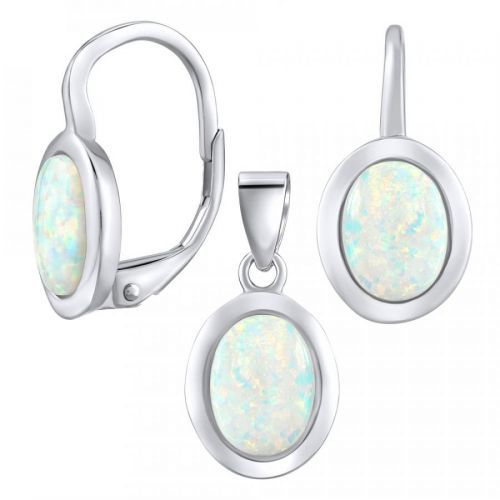Luxusní stříbrný set šperků s bílým opálem - náušnice a přívěsek  - LPS1706W