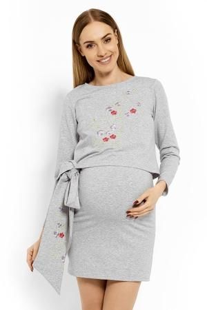 Be MaaMaa Elegantní těhotenské šaty, tunika s výšivkou a stuhou - sv. šedé (kojící) S/M