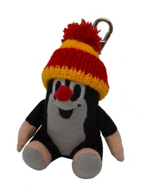 Krtek 9cm sedící s červeno-žlutým kulichem s karabinkou - Miler Zdeněk