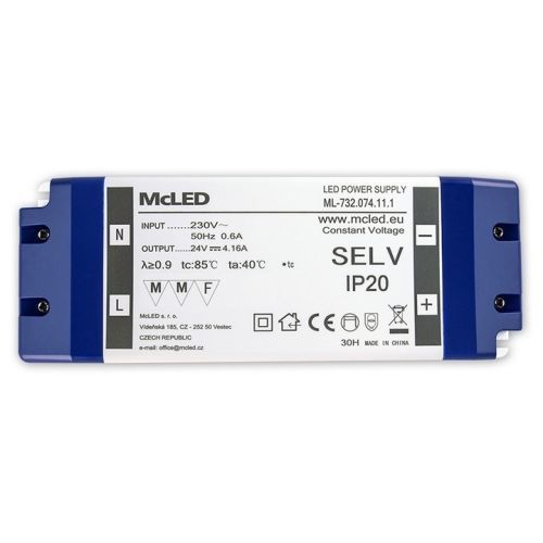 Nábytkový LED napájecí zdroj McLED 24VDC 100W 4,16A ML-732.074.11.1