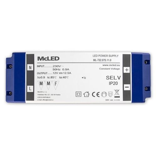 Nábytkový LED napájecí zdroj McLED 12VDC 150W 12,5A ML-732.075.11.0