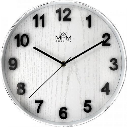 Nástěnné plastové hodiny PRIM Beta evokující vzhled starých ošoupaných hodin s číselníkem ve vzoru bílého dřeva E01.4051 Nástěnné hodiny PRIM Beta