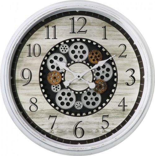 Tyto plastové hodiny v retro stylu s motivem dřeva jsou originální především díky svým funkčním ozubeným kolečkám, které se společně točí E01.4057 E01.4057.00