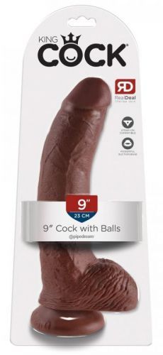 King Cock 9 - large suction foot, testicle dildo (23cm) - brown