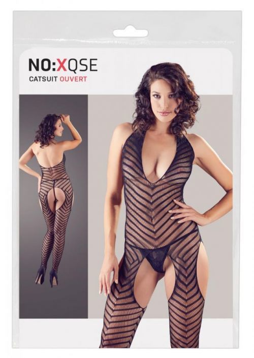 NO: XQSE - neck strap, striped, open overall with thong (black)