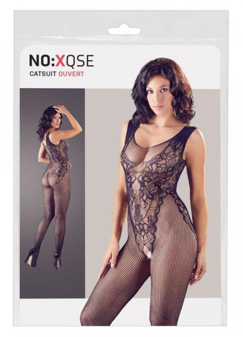 NO: XQSE - sleeveless, open fishnet overalls with body optics (black)