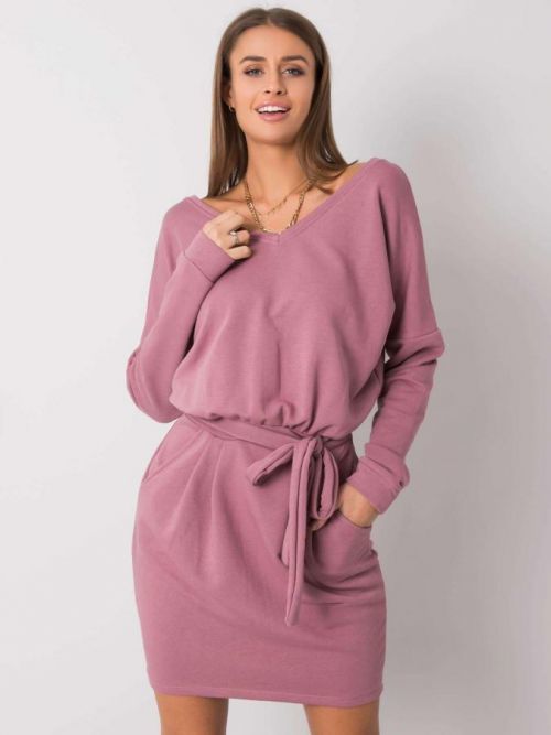 RŮŽOVÉ MIKINOVÉ ŠATY NA UVÁZÁNÍ V PASE -RV-SK-6037.18X-PINK Velikost: S