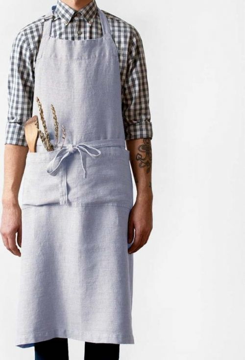 Světle šedá lněná zástěra Linen Tales Chef, délka 100 cm