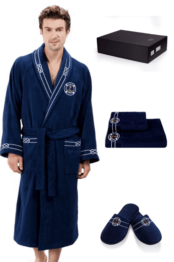 Soft Cotton Luxusní pánský župan s ručníkem a pupučemi MARINE MAN v dárkovém balení Tmavě modrá S + papučky (40/42) + ručník + box