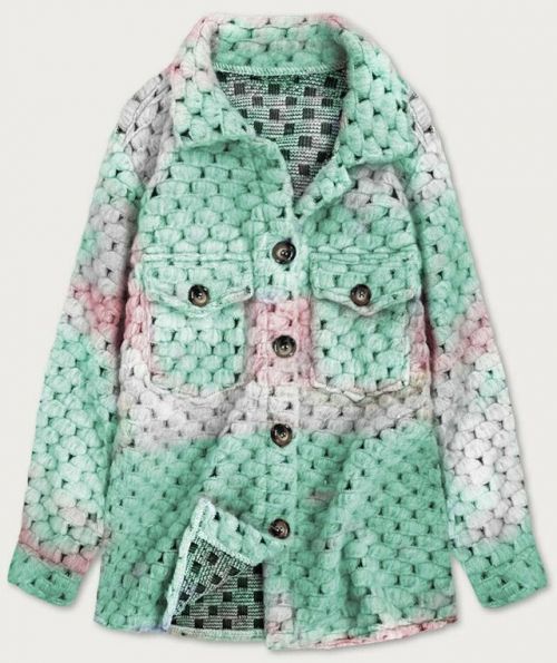 Růžovo-mátová dámská košilová bunda se stojáčkem (1132) - ONE SIZE - zelená