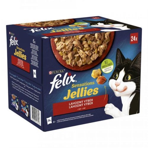 Felix Sensations Jellies hovězí s rajčaty, kuře s mrkví, kachna, jehněčí v lahodném želé 24x85g