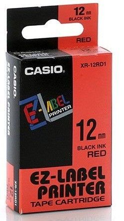 Casio XR-18RD1, 18mm x 8m, černý tisk/červený podklad, originální páska