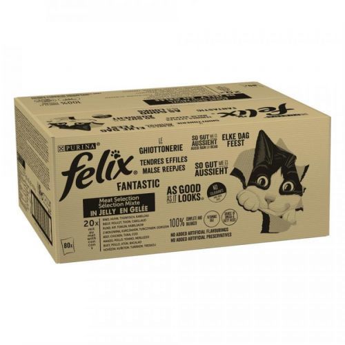 Felix Fantastic s hovězím, kuřetem, tuňákem, treskou v želé 80 x 85 g