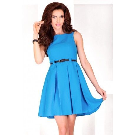 Dámské elegantní společenské šaty bez rukávu s páskem modré, Velikost M, Barva Modrá NUMOCO 6-7
