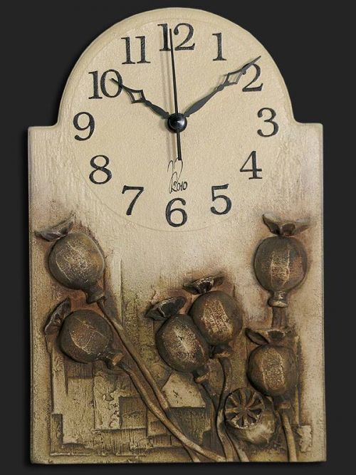 autorské hodiny Nástěnné hodiny keramické - hnědé makovice