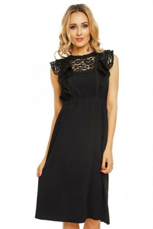 Dámské šaty s krajkovým rukávem středně dlouhé černé - Černá - Elli White - M/L - černá