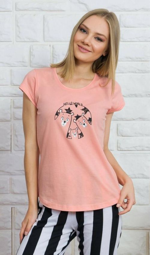 Dámské pyžamo kapri Hello world - lososová S