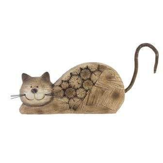 Kočka ležící dekor kulatina dřevo/kov hnědá 21,5cm