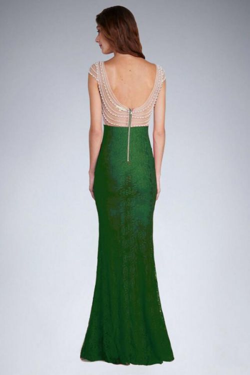 Dámské společenské šaty SOKY SOKA s perličkami a krajkou dlouhé zelené - Zelená - SOKY&SOKA - M - zelená