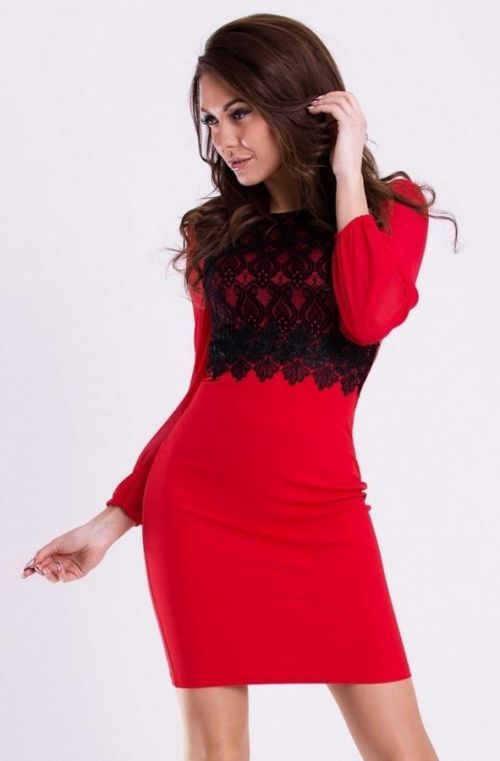 Dámské společenské šaty EMAMODA s dlouhými rukávy červeno-černé - Červená / L - EMAMODA - L - červeno-černá
