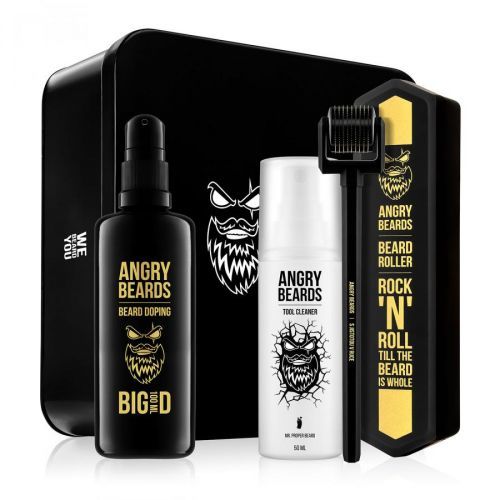 ANGRY BEARDS Sada pro růst vousů – Beard Roller & Cleaner + BIG Doping 100 ml + box