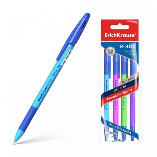 Sada kuličkových per Erich Krause R-301 Neon Stick&Grip 0.7, 4 ks barva inkoustu: modrá