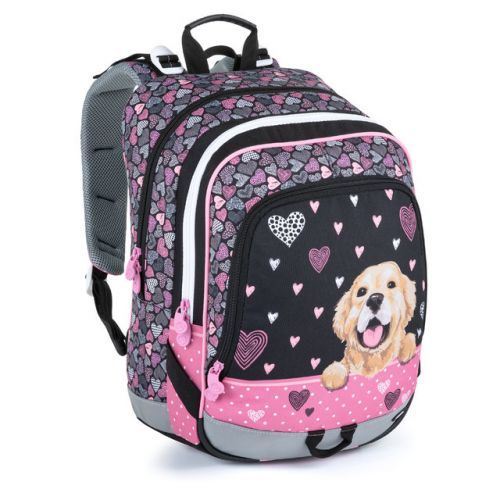 Školní černorůžový batoh do první třídy s pejskem BAGMASTER ALFA 21 A BLACK/PINK, holčičky, zvířata, pes, roztomilé, pejsek