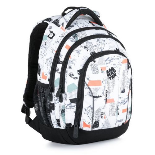 Dívčí studentský batoh BAGMASTER SUPERNOVA 21 A WHITE/BLACK/ORANGE/GREEN, fleky, design, novinka, stylový pro holky, umění, bílý