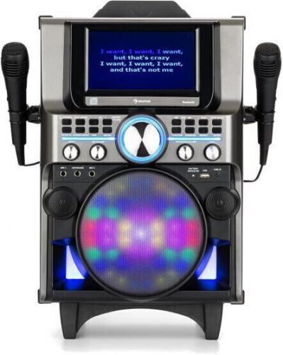 Auna Pro DISGO Box 360, BT karaoke systém, 2 mikrofony, HDMI, BT, LED, USB, kolečka, černý