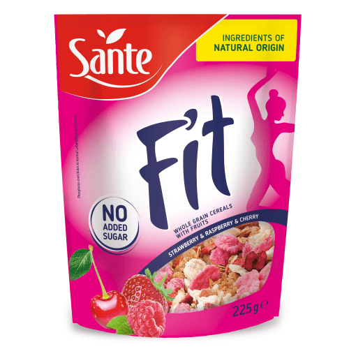 Fit Snídaňové cereálie 225 g strawberry & raspberry & cherry - Sante