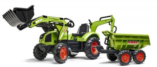 Falk šlapací traktor 2070W Claas backhoe s přední a zadní lžící a přívěsem