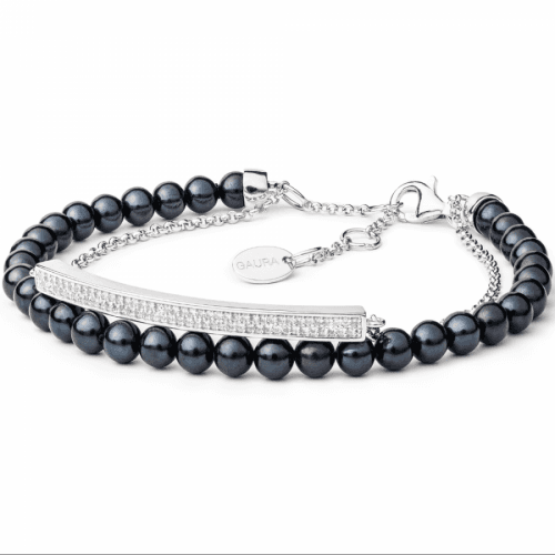 Dvojitý perlový náramek z přírodních černých perel s řetízkem a zirkony a se stříbrným zapínáním - GRP19224BB