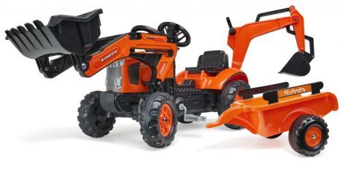 Falk šlapací traktor 2065N Kubota backhoe s předním bagrem a přívěsem s otočným bagrem